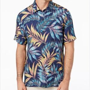 TOMMY BAHAMA Men's Parque Palm Camp Shirt Riviera Azure Large